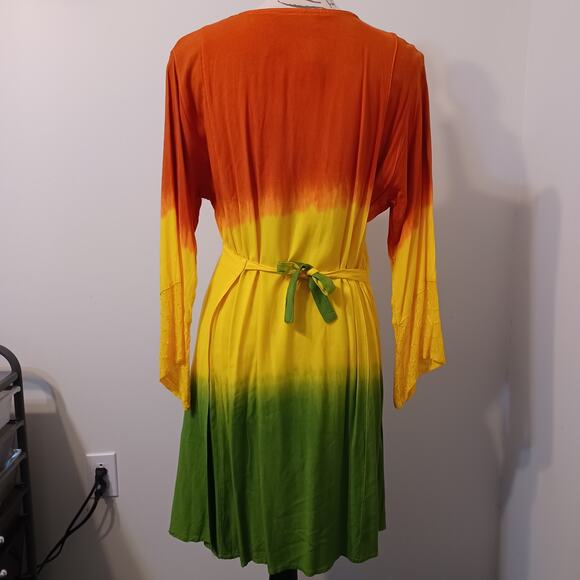 Rainbow Dress ONE SIZE Tie-dye Ombre Wrap Front Cover Up Embroidered Sleeve NEW - Picture 3 of 10